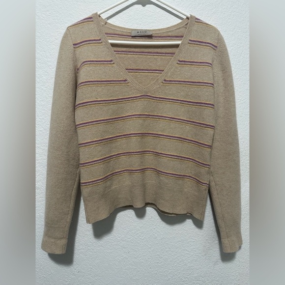 Mago Made In Italy 100% Cashmere Tan Striped Women's Sweater size L - Picture 1 of 7